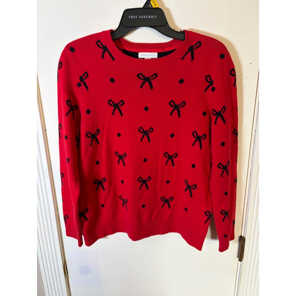 Charter Club Red Bow Polka Dot Crewneck Sweater Petite Large PL Beaded Sparkle